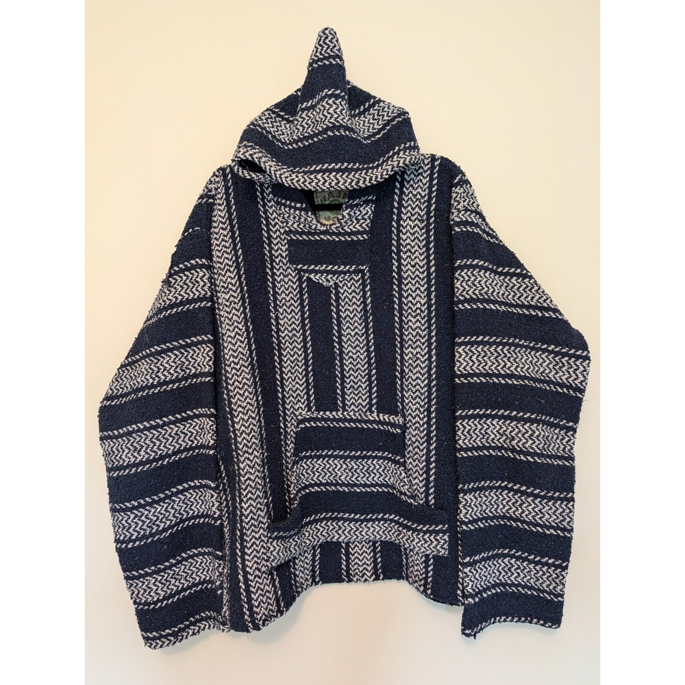 Baja Joe Mexican Jerga Striped Navy Blue Hoodie Pullover Baja Jacket Tagged XXL